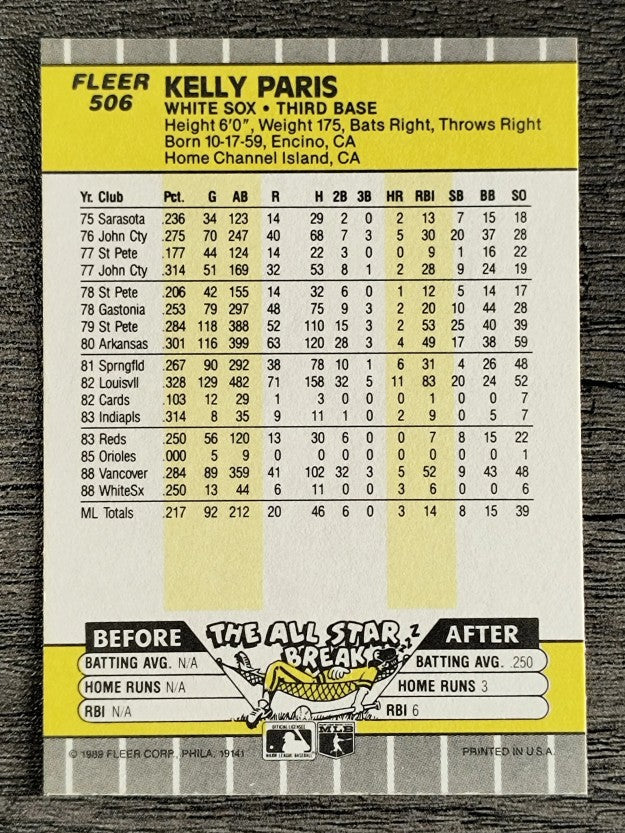 1989 Fleer #506 Kelly Paris