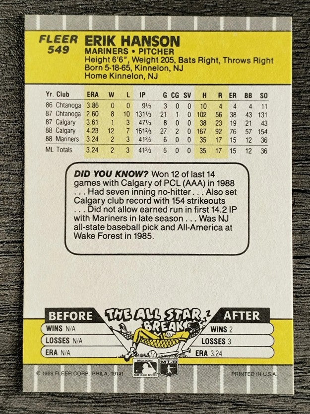 1989 Fleer #549 Erik Hanson RC