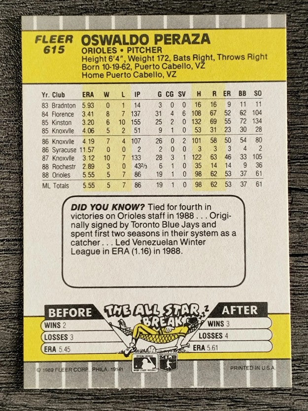 1989 Fleer #615 Oswald Peraza RC