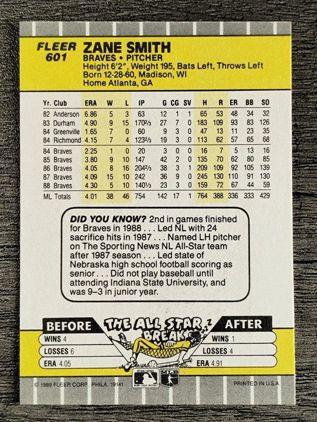 1989 Fleer #601 Zane Smith