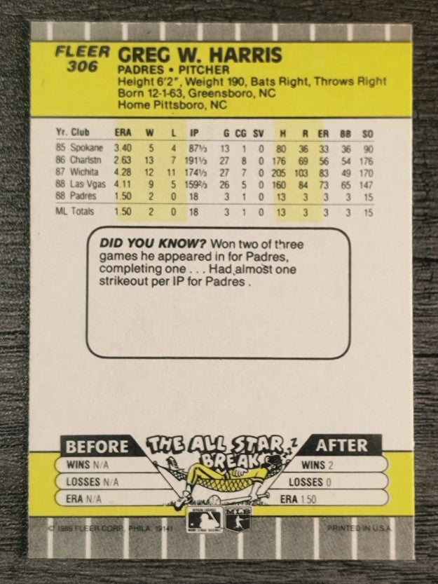 1989 Fleer #306 Greg W. Harris RC