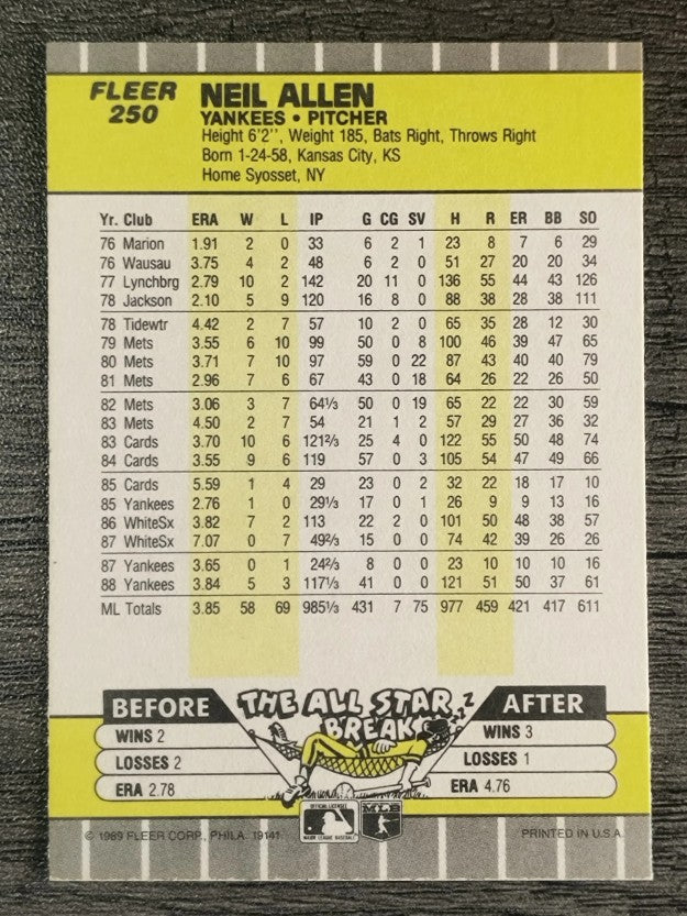 1989 Fleer #250B Neil Allen COR/Born Syosset, NY