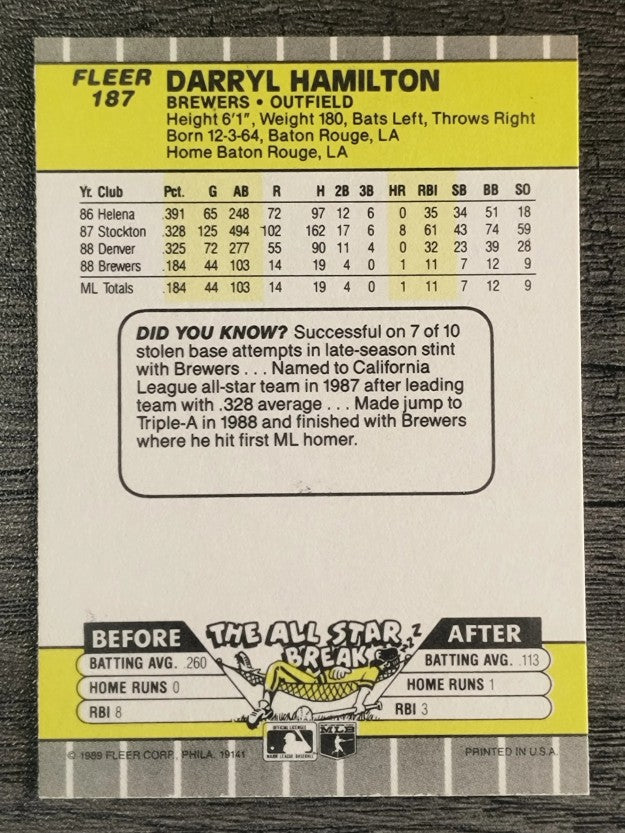 1989 Fleer #187 Darryl Hamilton RC