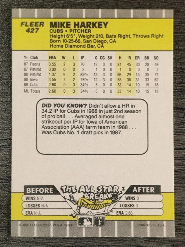 1989 Fleer #427 Mike Harkey RC