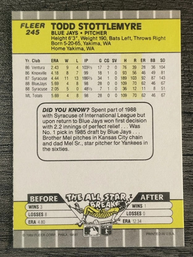 1989 Fleer #245 Todd Stottlemyre