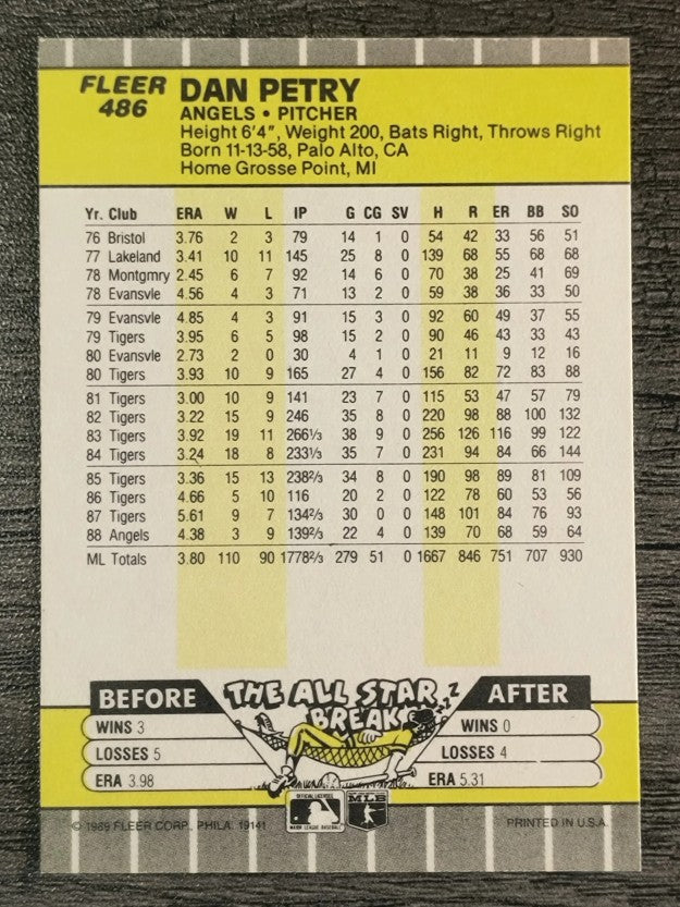 1989 Fleer #486 Dan Petry