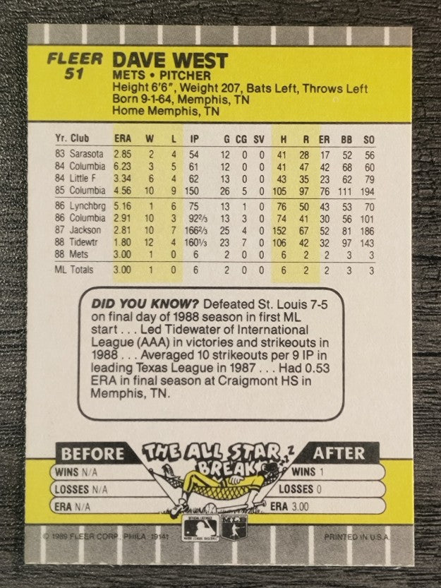 1989 Fleer #51 Dave West RC