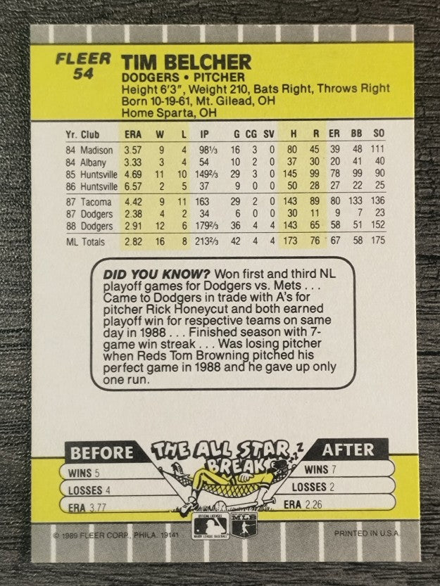 1989 Fleer #54 Tim Belcher