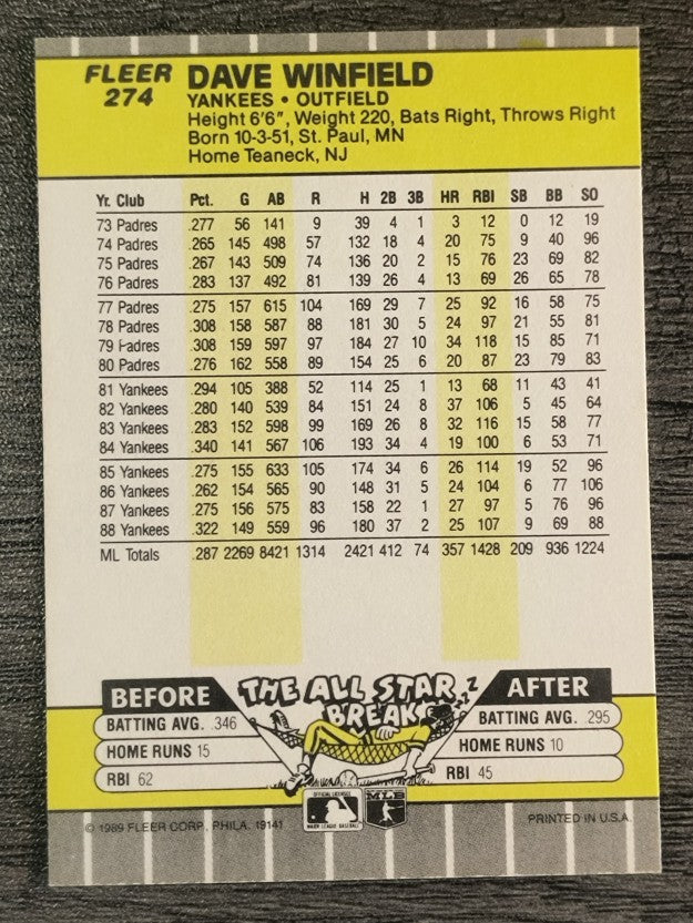 1989 Fleer #274 Dave Winfield