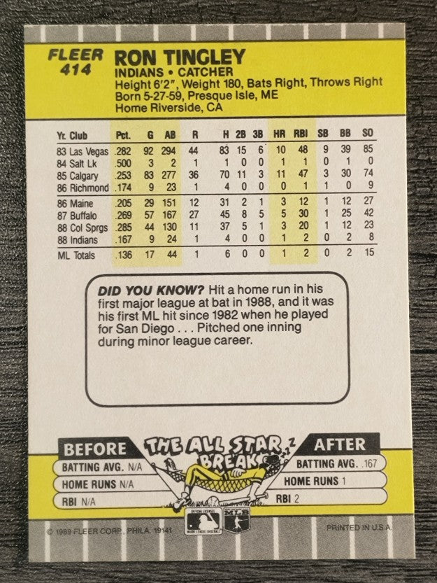 1989 Fleer #414 Ron Tingley