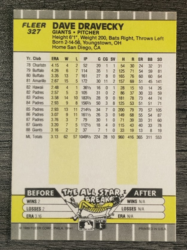1989 Fleer #327 Dave Dravecky