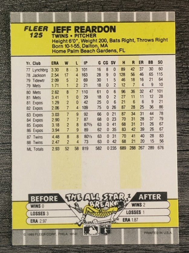 1989 Fleer #125 Jeff Reardon