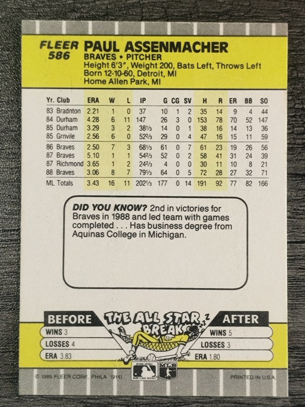 1989 Fleer #586 Paul Assenmacher