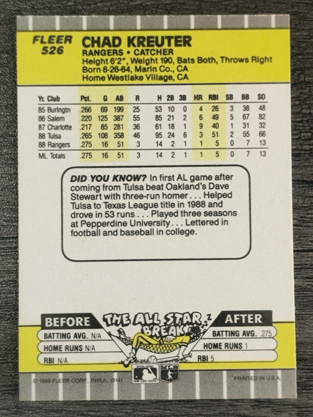 1989 Fleer #526 Chad Kreuter RC