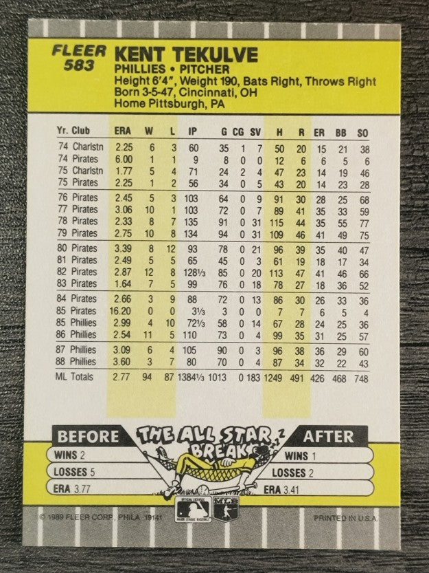 1989 Fleer #583 Kent Tekulve