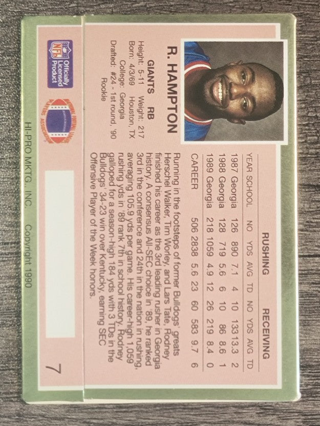 1990 Action Packed Rookie Update #7 Rodney Hampton RC