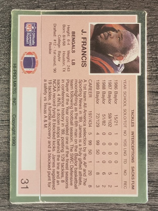 1990 Action Packed Rookie Update #31 James Francis RC