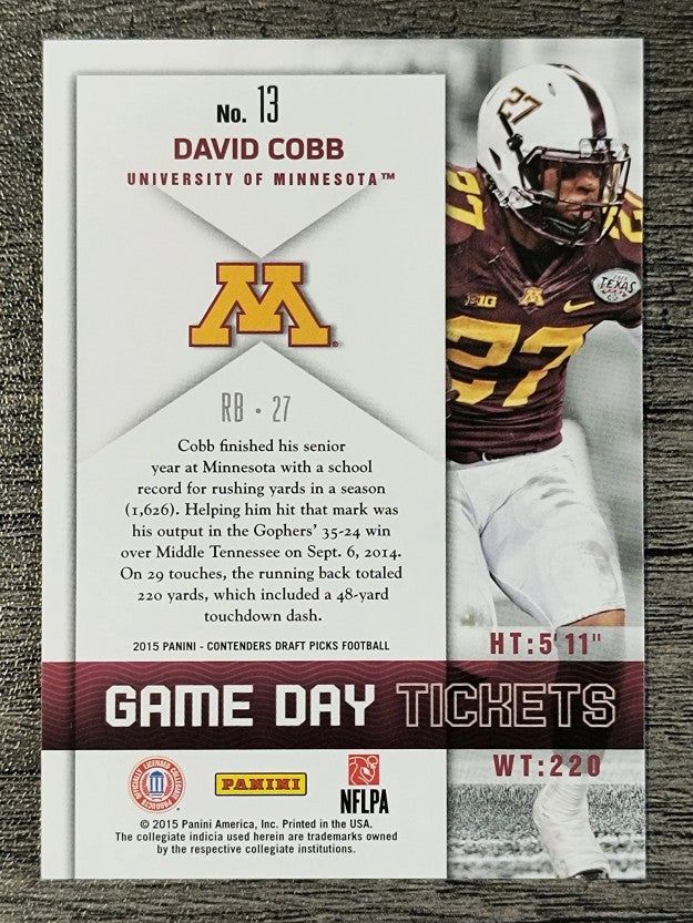 2015 Panini Contenders Draft Picks Game Day Tickets #13 David Cobb