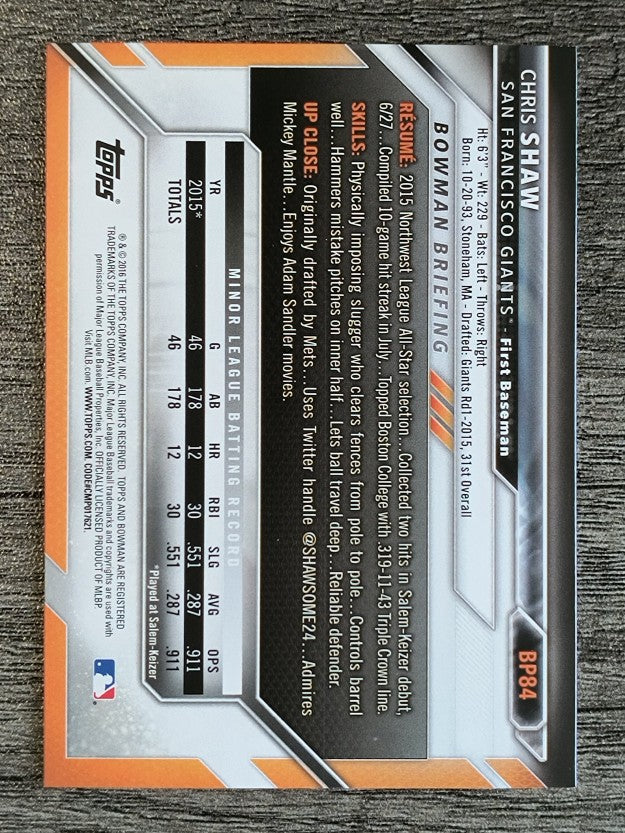 2016 Bowman Prospects #BP84 Chris Shaw