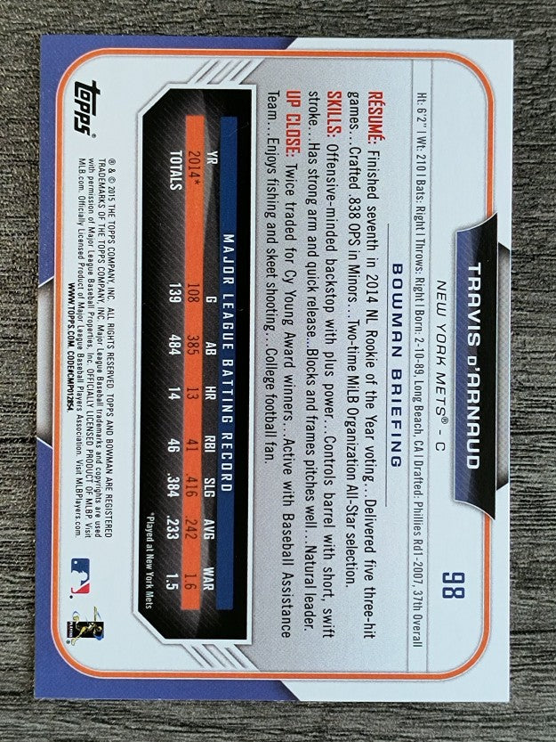 2015 Bowman #98 Travis d'Arnaud