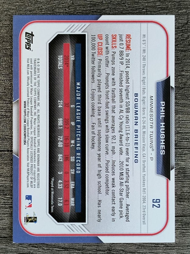2015 Bowman #92 Phil Hughes