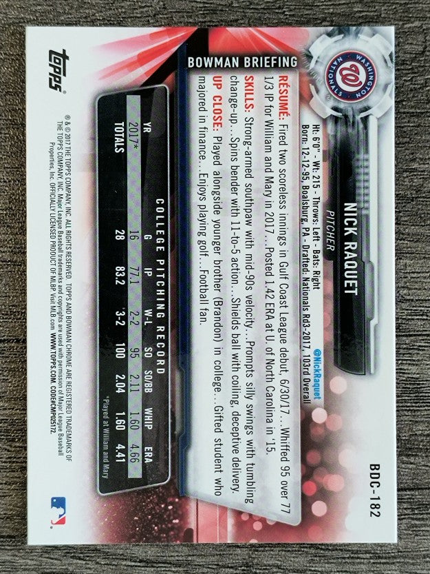 2017 Bowman Chrome Draft #BDC182 Nick Raquet