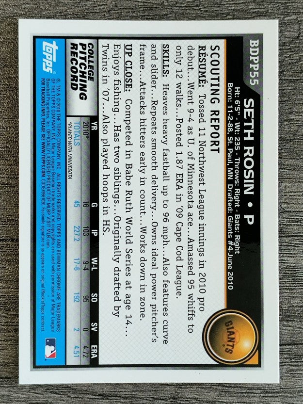 2010 Bowman Chrome Draft Prospects #BDPP55 Seth Rosin