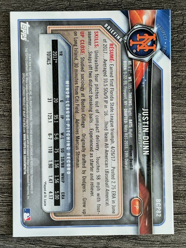 2018 Bowman Chrome Prospects #BCP82 Justin Dunn