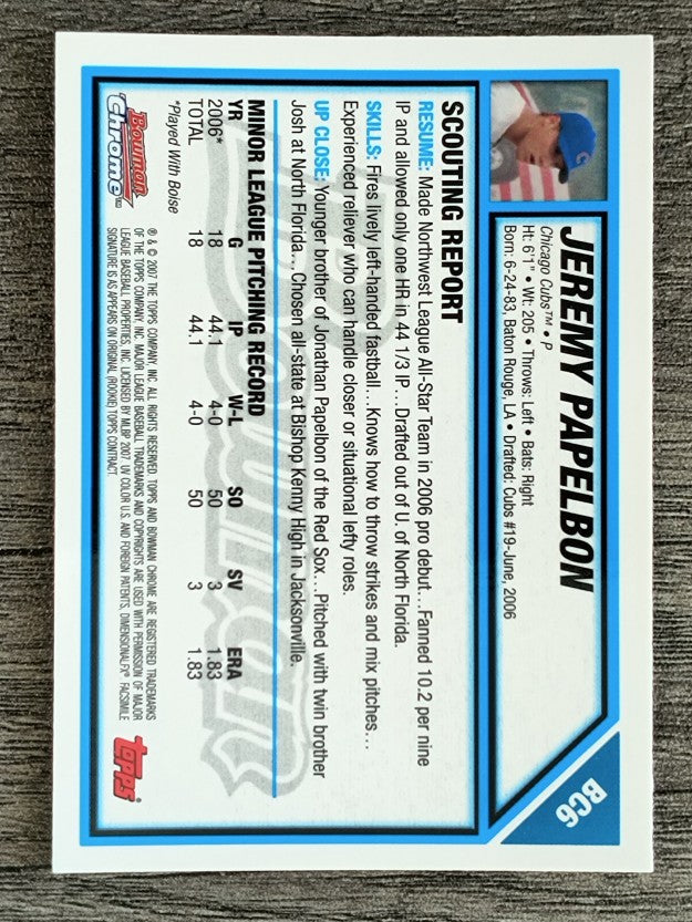2007 Bowman Chrome Prospects #BC6 Jeremy Papelbon