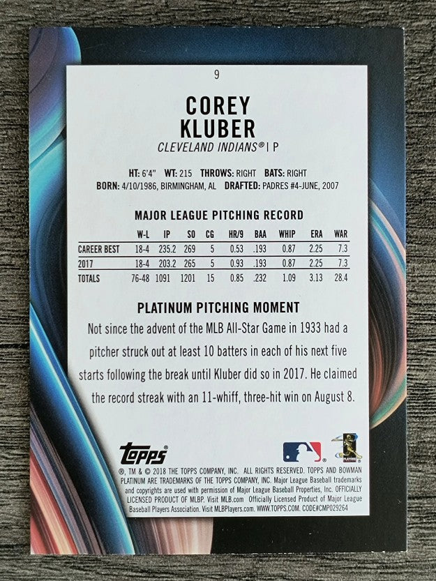 2018 Bowman Platinum #9 Corey Kluber