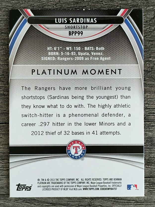 2013 Bowman Platinum Prospects #BPP99 Luis Sardinas
