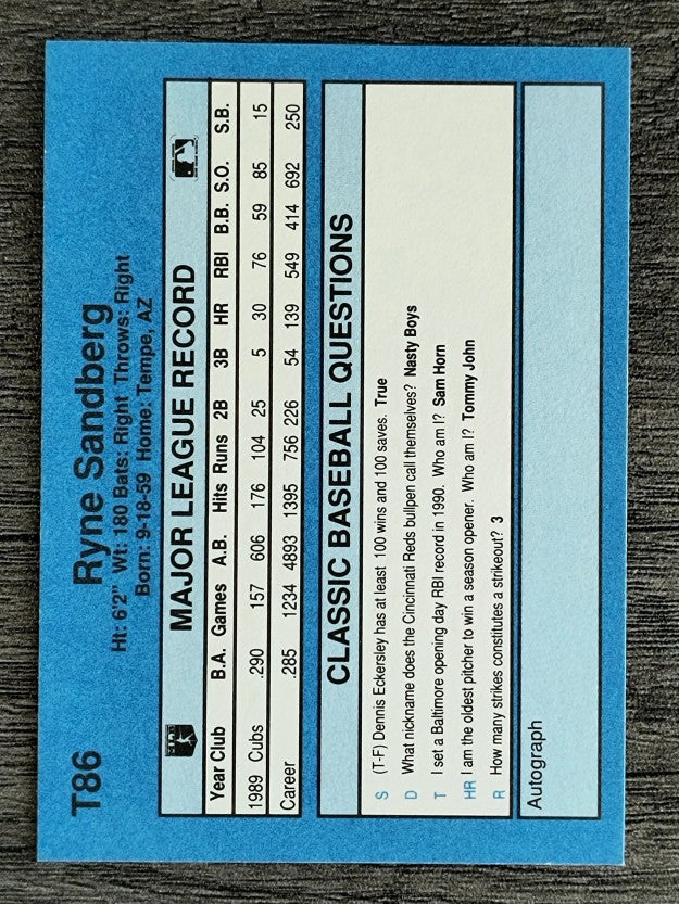 1990 Classic Yellow #T86 Ryne Sandberg