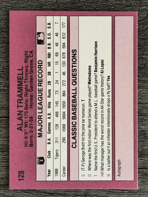 1989 Classic Travel Orange #128 Alan Trammell