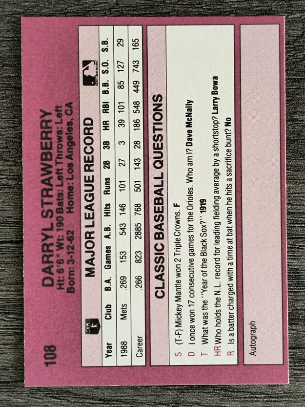 1989 Classic Travel Orange #108 Darryl Strawberry