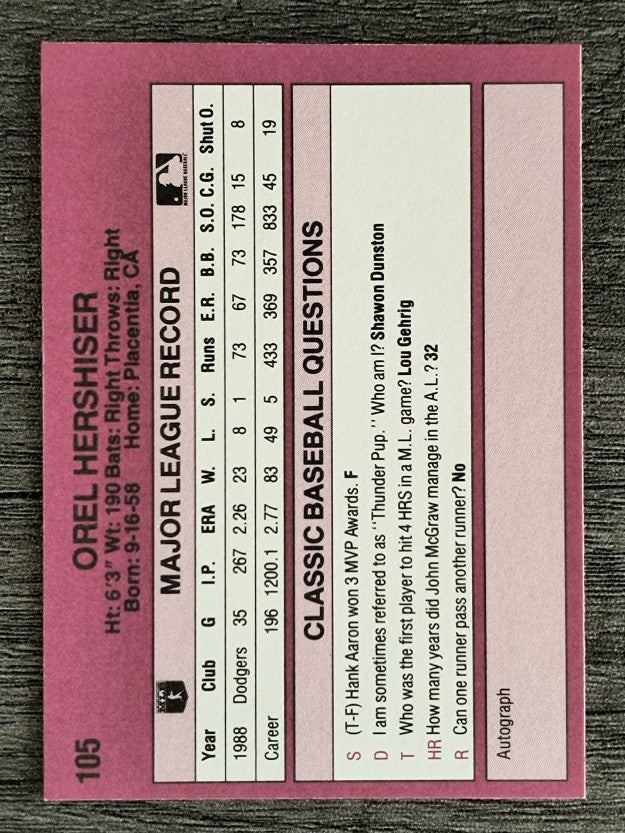 1989 Classic Travel Orange #105 Orel Hershiser