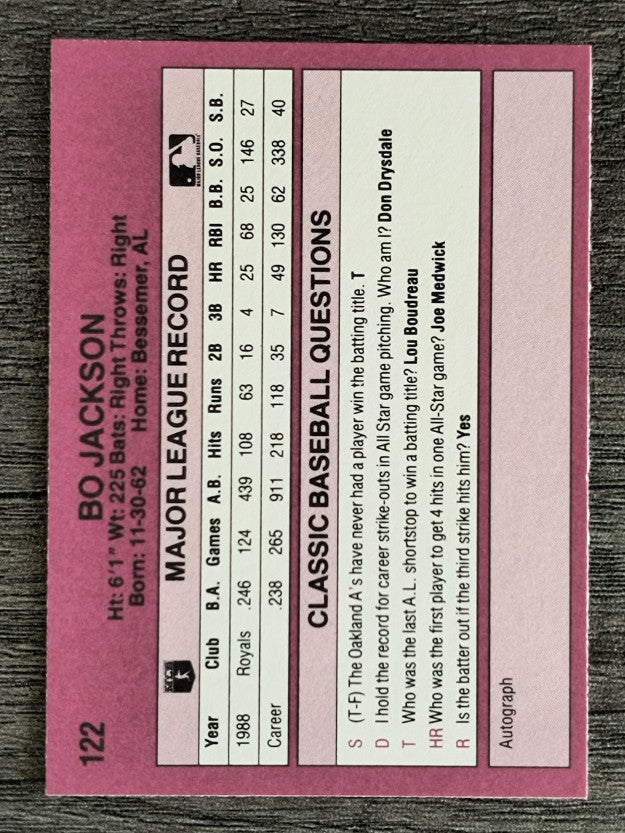 1989 Classic Travel Orange #122 Bo Jackson