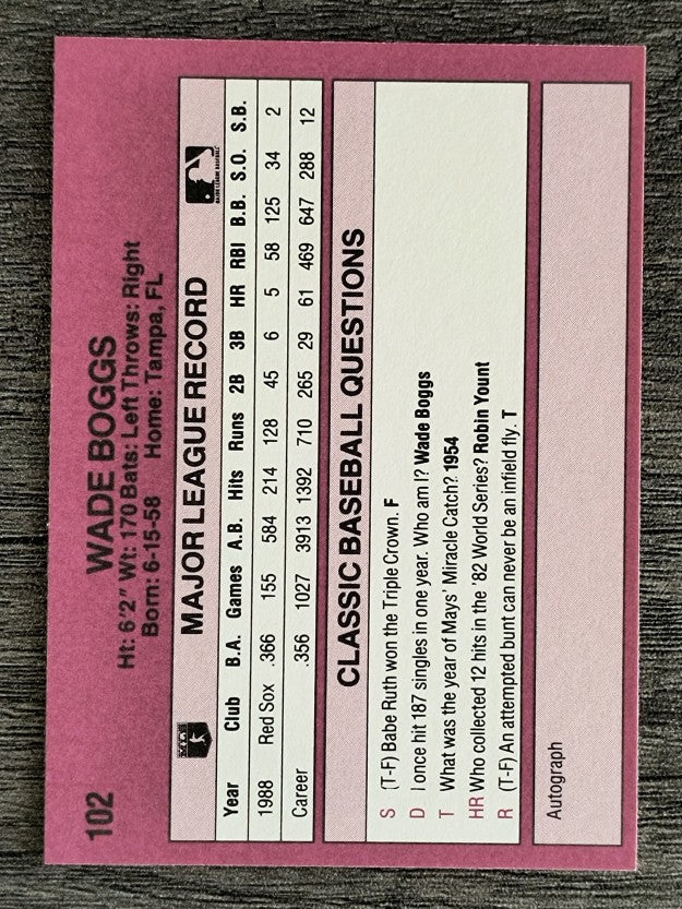 1989 Classic Travel Orange #102 Wade Boggs