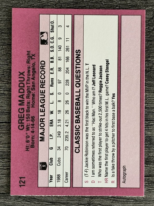 1989 Classic Travel Orange #121 Greg Maddux