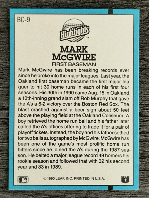 1991 Donruss Bonus Cards #BC9 Mark McGwire