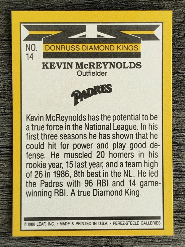 1987 Donruss #14B Kevin McReynolds DK/COR Yellow in Donruss Diamond Kings