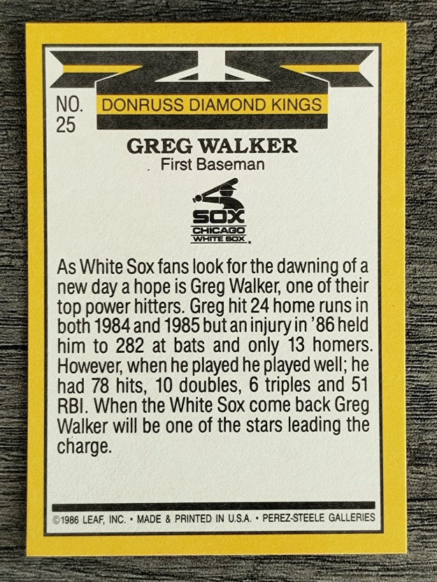 1987 Donruss #25B Greg Walker DK COR/DK banner on back colored yellow