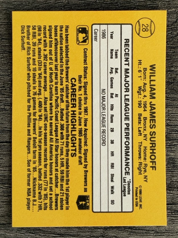 1987 Donruss #28 B.J. Surhoff RC