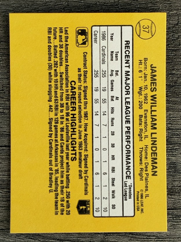 1987 Donruss #37 Jim Lindeman RC