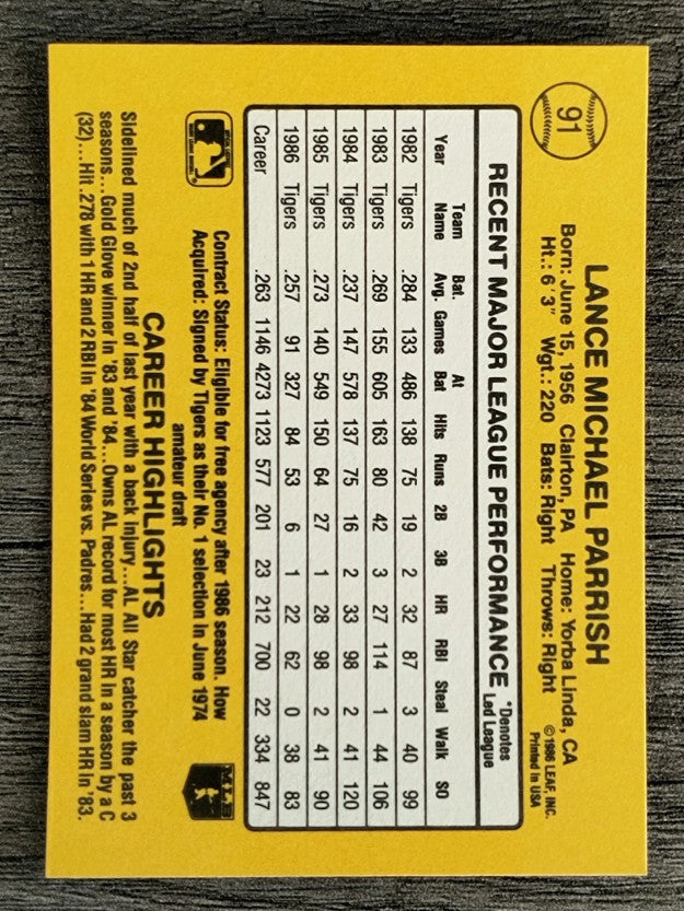 1987 Donruss #91 Lance Parrish