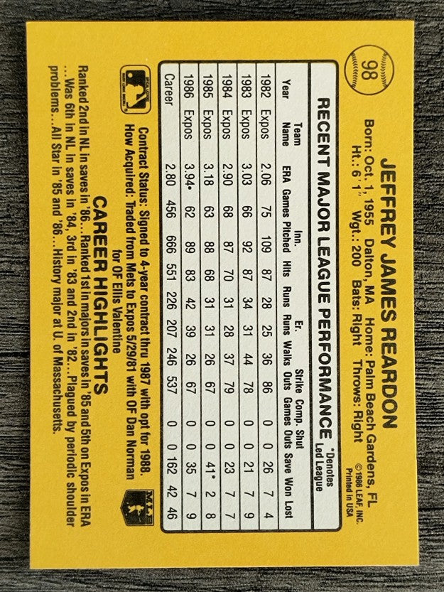 1987 Donruss #98 Jeff Reardon