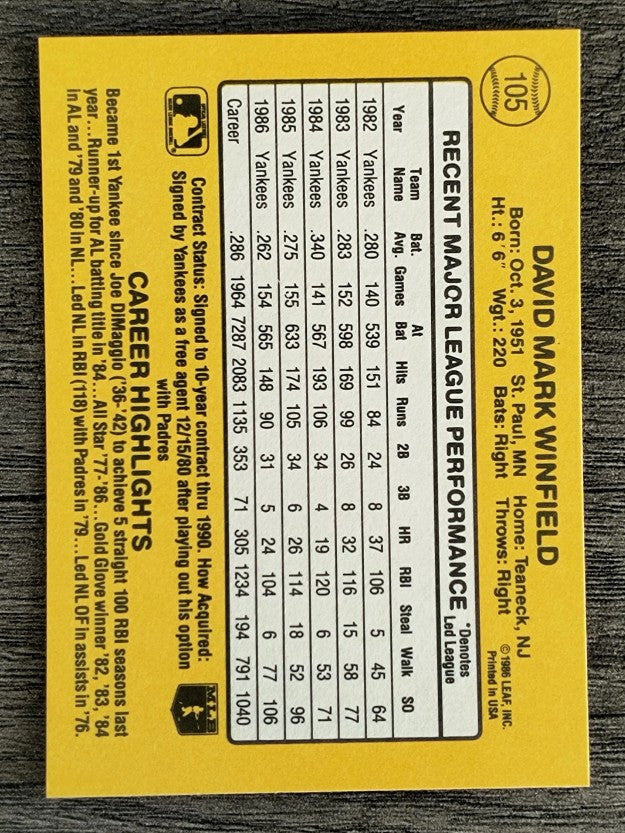 1987 Donruss #105 Dave Winfield