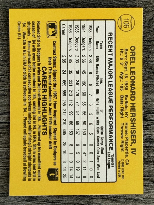 1987 Donruss #106 Orel Hershiser