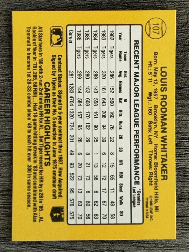 1987 Donruss #107 Lou Whitaker