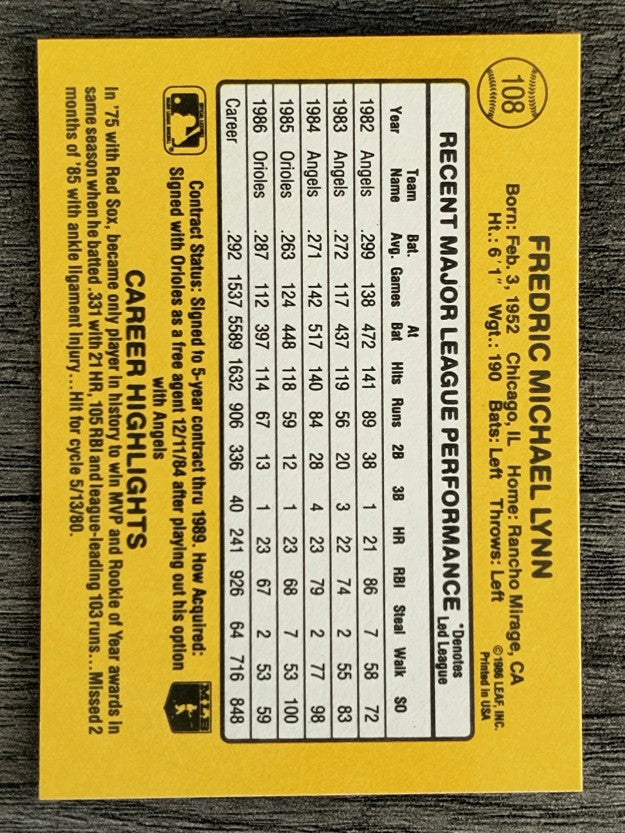 1987 Donruss #108 Fred Lynn