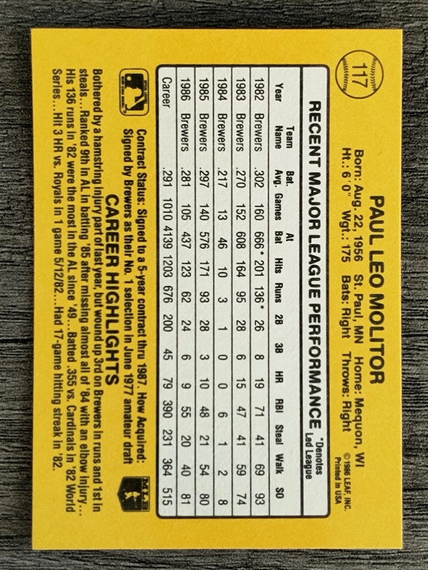 1987 Donruss #117 Paul Molitor